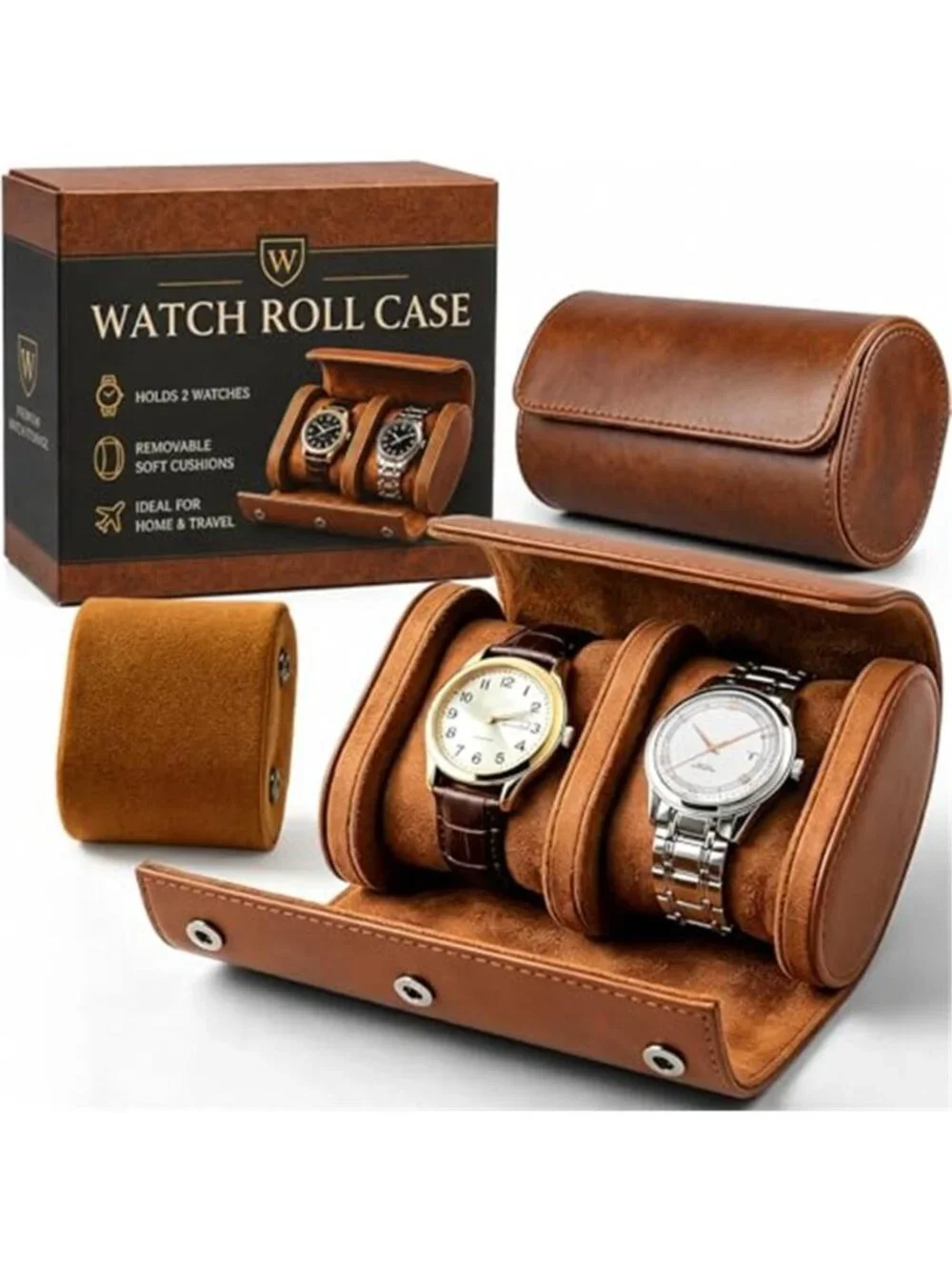 Watch Travel Case for Men: Watch Roll Box 2-Slot with Removable Pillows